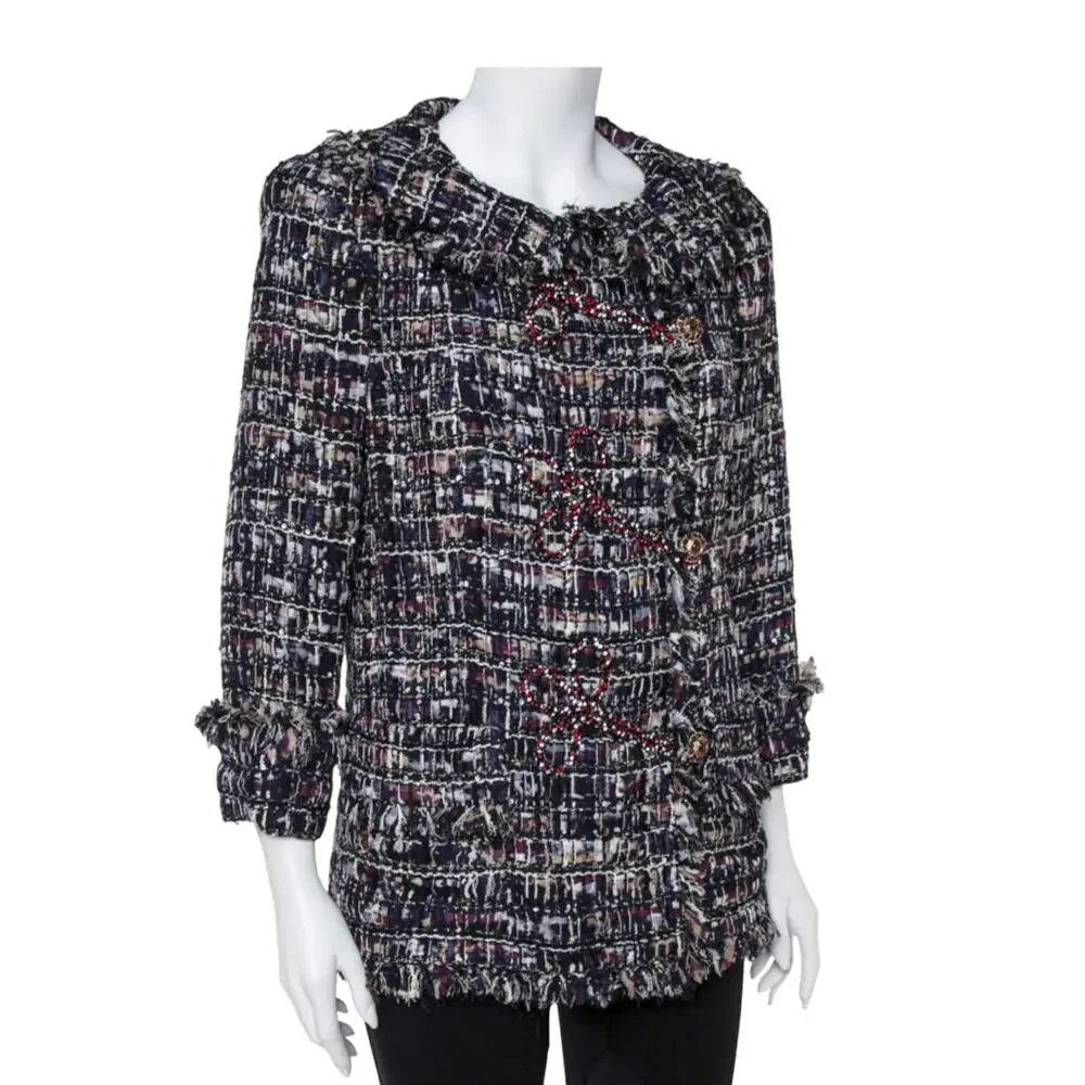 CHANEL 10C Runway Tweed Jacket Crystal Embroidered Fringe IT 42 Karl Lagerfeld